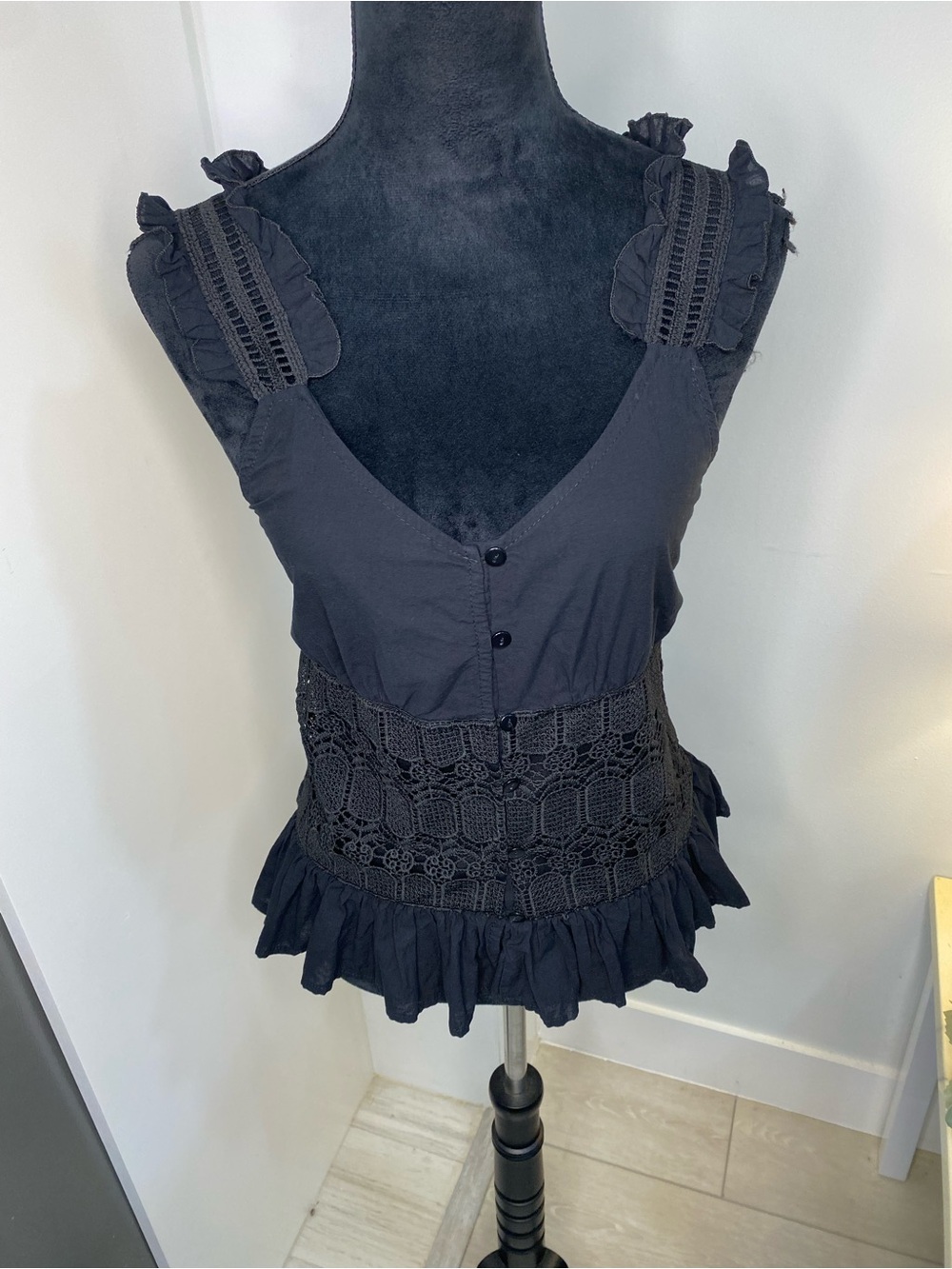 Adiva Black Crochet-Waist Ruffle Strap Camisole